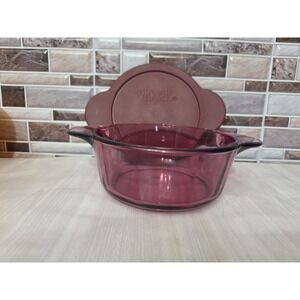 VTG Corning Glass Cranberry Vision Ware Casserole Bowl #1174 w/Handles 6.5" Chip